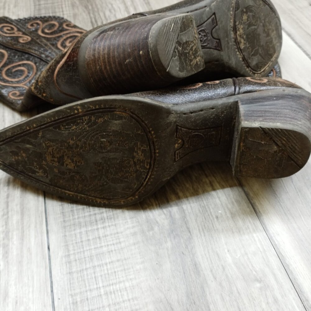 Ariat Dark Brown Leather Heeled Western Boots with Tan Stitching - Picture 7 of 15